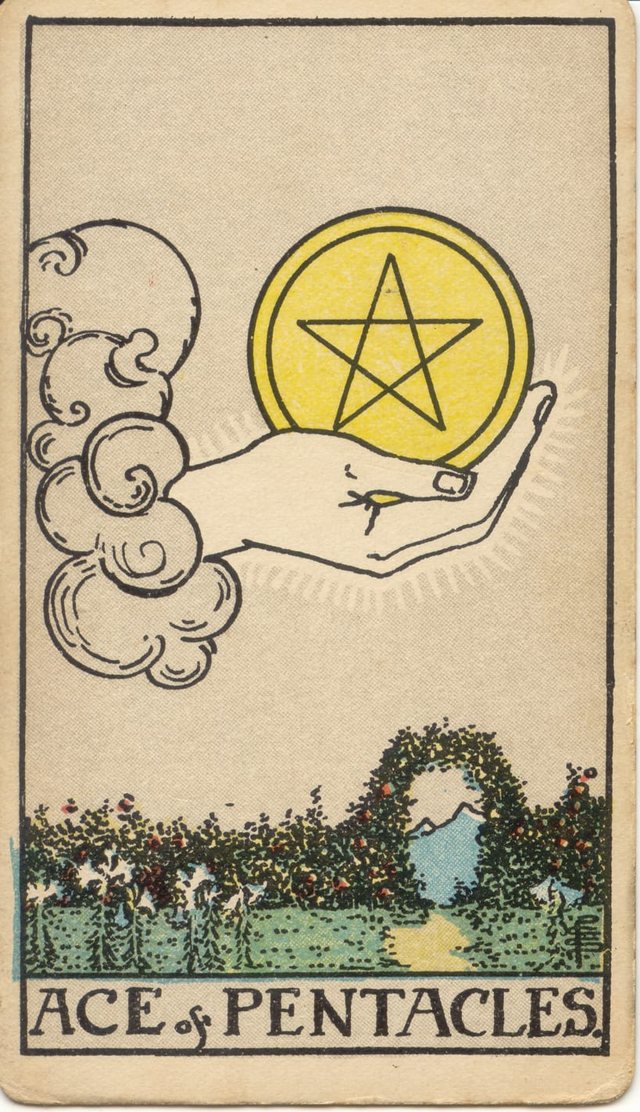 Ace of Pentacles: The hand from the cloud, the golden pentacle, the rays around the hand, the white lilies. Rider–Waite–Smith tarot, 1909.