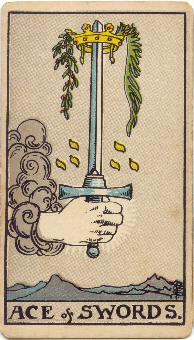 Ace of Swords: The upright sword, the hand from the cloud, the crown on the point, the olive and the palm. Rider–Waite–Smith tarot, 1909.