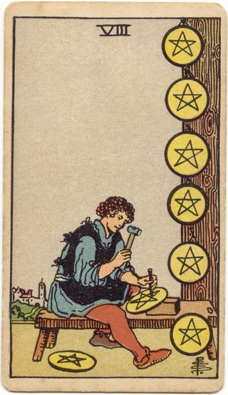 Eight of Pentacles, Rider–Waite–Smith tarot, 1909