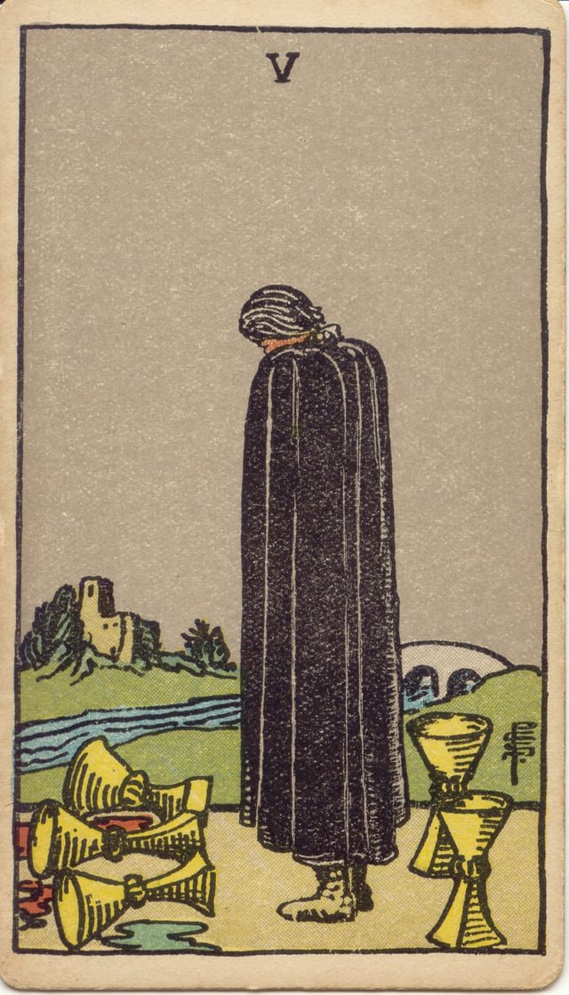 Five of Cups: The black cloak, the three spilled cups, the two standing cups, the river. Rider–Waite–Smith tarot, 1909.