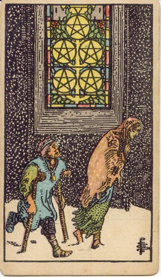 Five of Pentacles, Rider–Waite–Smith tarot, 1909