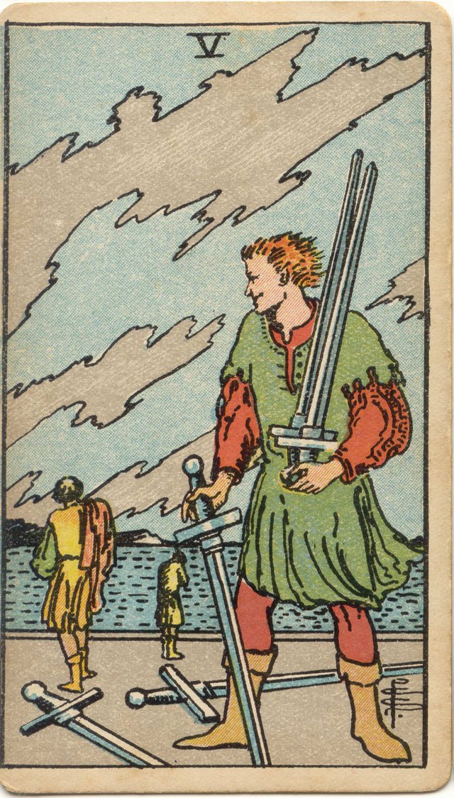 Five of Swords: The smiling victor, the gathered swords, the two retreating figures, the torn clouds. Rider–Waite–Smith tarot, 1909.