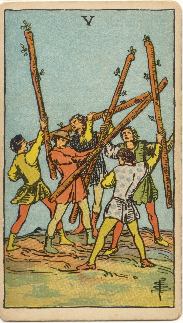 Five of Wands: The five youths, the crossing wands, the youth with his back to us, the clear sky. Rider–Waite–Smith tarot, 1909.