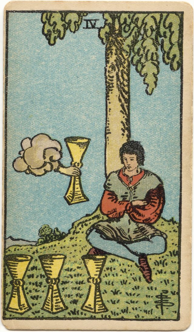 Four of Cups: The seated young man, the folded arms, the three cups on the grass, the cup from the cloud. Rider–Waite–Smith tarot, 1909.
