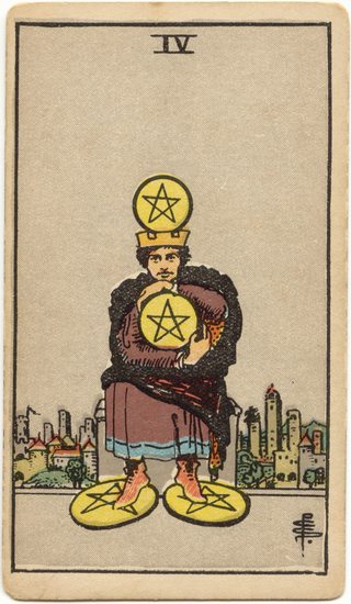 Four of Pentacles, Rider–Waite–Smith tarot, 1909