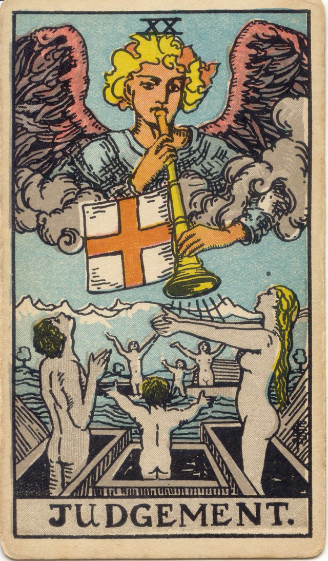Judgement: The angel with the trumpet, the banner with the red cross, the clouds, the rising figures. Rider–Waite–Smith tarot, 1909.