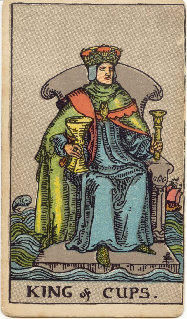 King of Cups: The throne on the sea, the cup and sceptre, the leaping fish, the ship. Rider–Waite–Smith tarot, 1909.