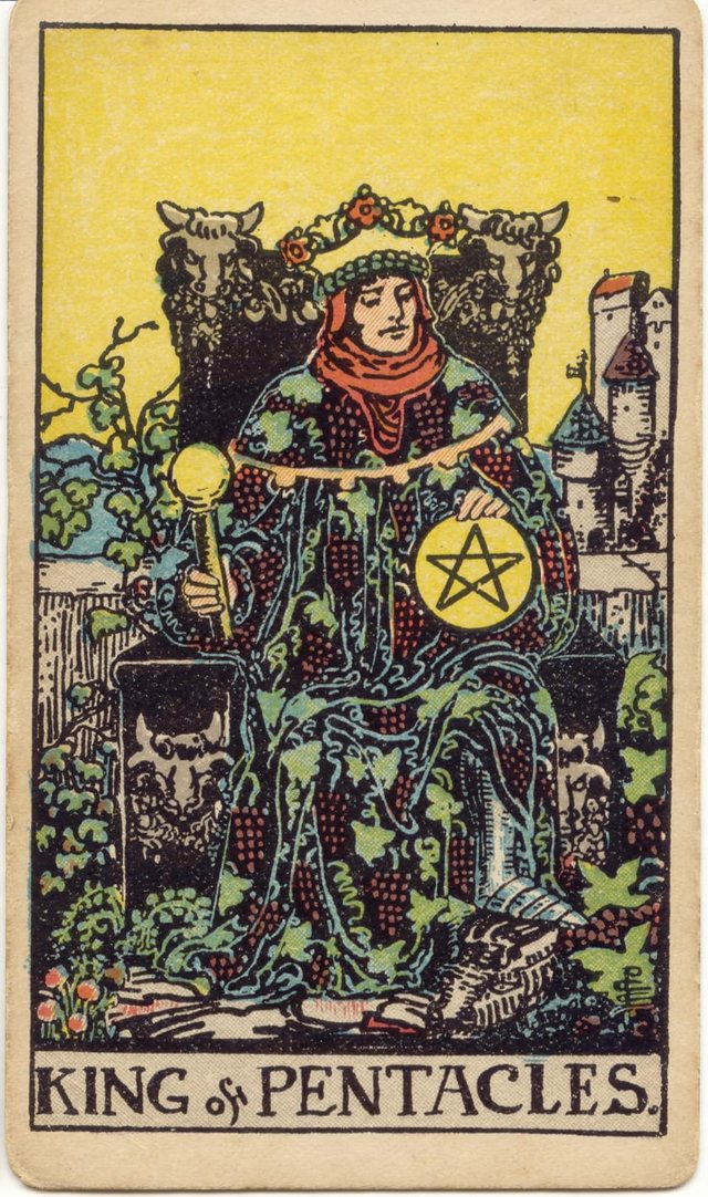 King of Pentacles: The bulls' heads, the robe of grapes and vines, the pentacle, the orb sceptre. Rider–Waite–Smith tarot, 1909.