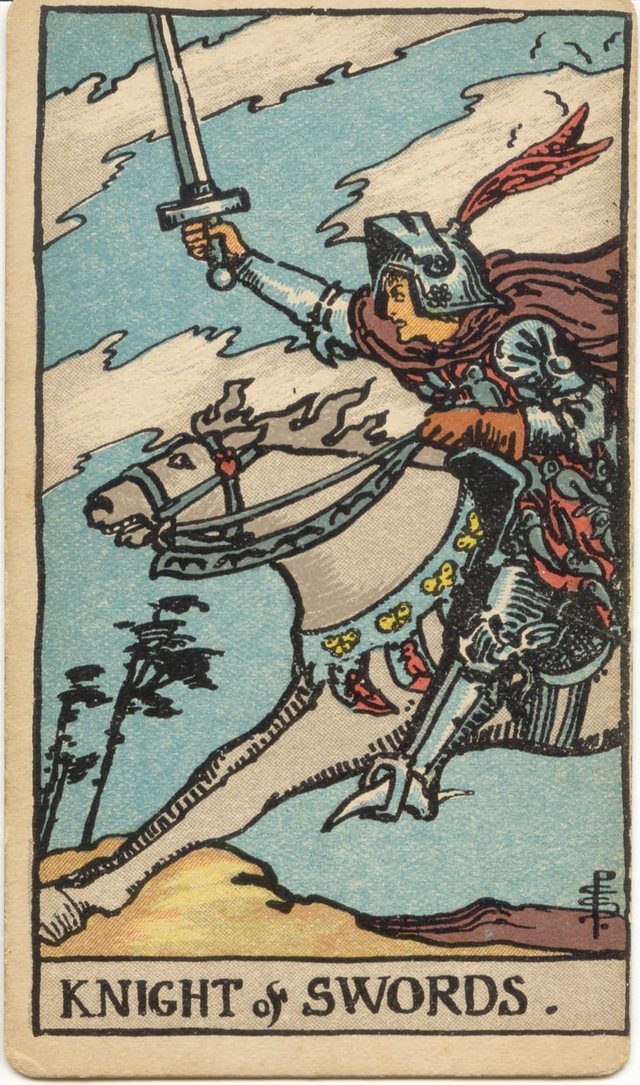 Knight of Swords: The raised sword, the galloping white horse, the armour and red cloak, the butterflies on the harness. Rider–Waite–Smith tarot, 1909.