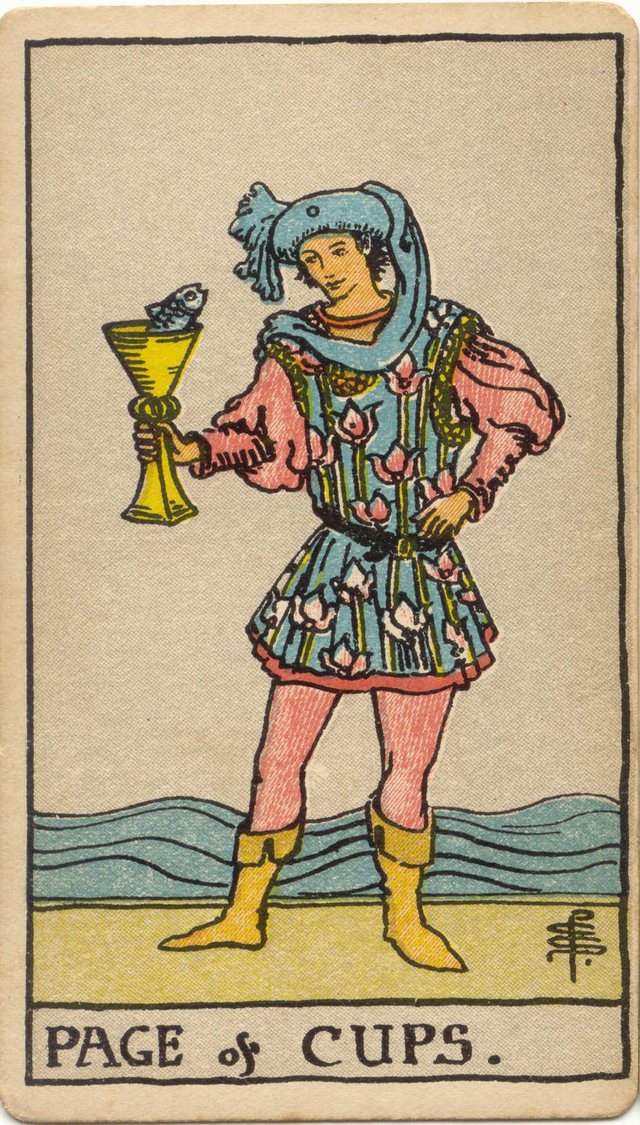 Page of Cups: The fish in the cup, the gold cup, the lotus tunic, the turban and scarf. Rider–Waite–Smith tarot, 1909.