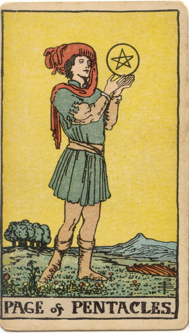 Page of Pentacles: The raised pentacle, the red hat and scarf, the green tunic, the flowering meadow. Rider–Waite–Smith tarot, 1909.
