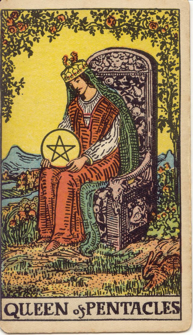 Queen of Pentacles: The pentacle in her lap, the stone throne, the red robe and green veil, the crown. Rider–Waite–Smith tarot, 1909.