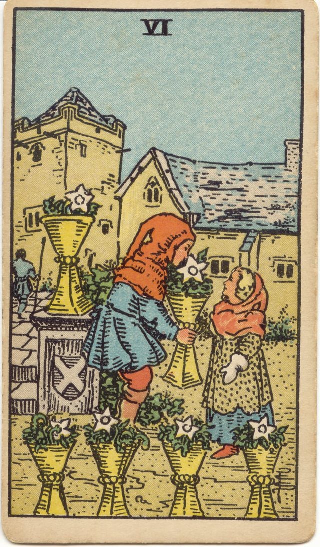 Six of Cups: The two children, the cup of flowers, the white star-shaped flowers, the stone pedestal and shield. Rider–Waite–Smith tarot, 1909.