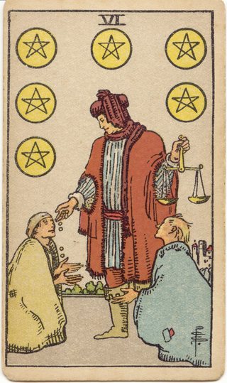 Six of Pentacles, Rider–Waite–Smith tarot, 1909