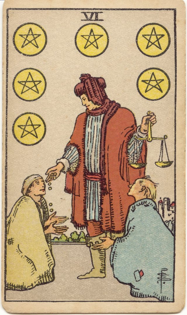 Six of Pentacles: The merchant, the scales, the falling coins, the kneeling figures. Rider–Waite–Smith tarot, 1909.
