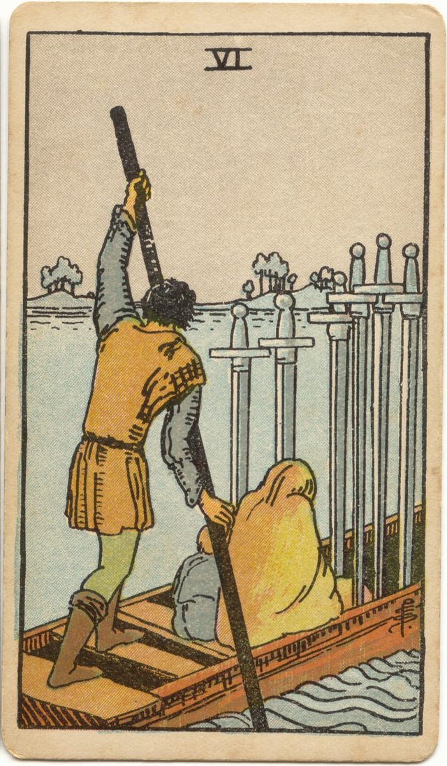 Six of Swords: The ferryman, the cloaked passenger and the child, the six swords in the bow, the boat. Rider–Waite–Smith tarot, 1909.