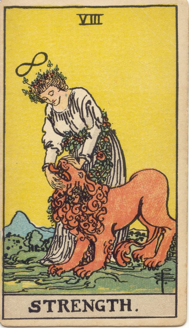 Strength: The lion, her hands at the jaws, the figure of eight, the chain of flowers. Rider–Waite–Smith tarot, 1909.