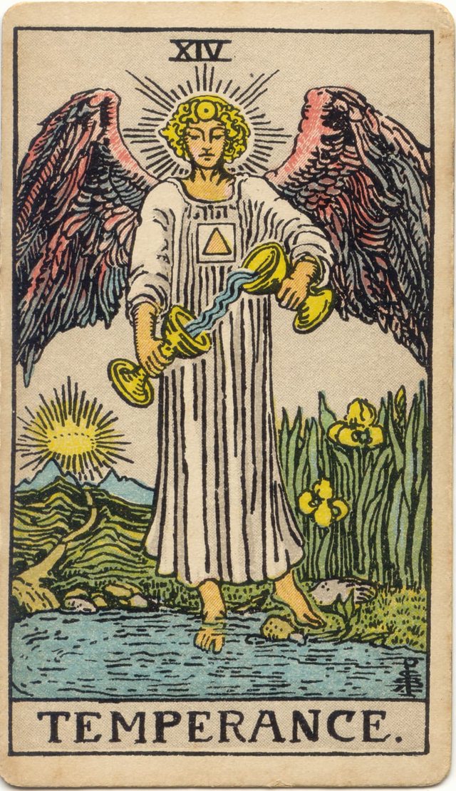 Temperance: The angel, the two cups and flowing water, one foot in the pool, one on land, the square and triangle. Rider–Waite–Smith tarot, 1909.