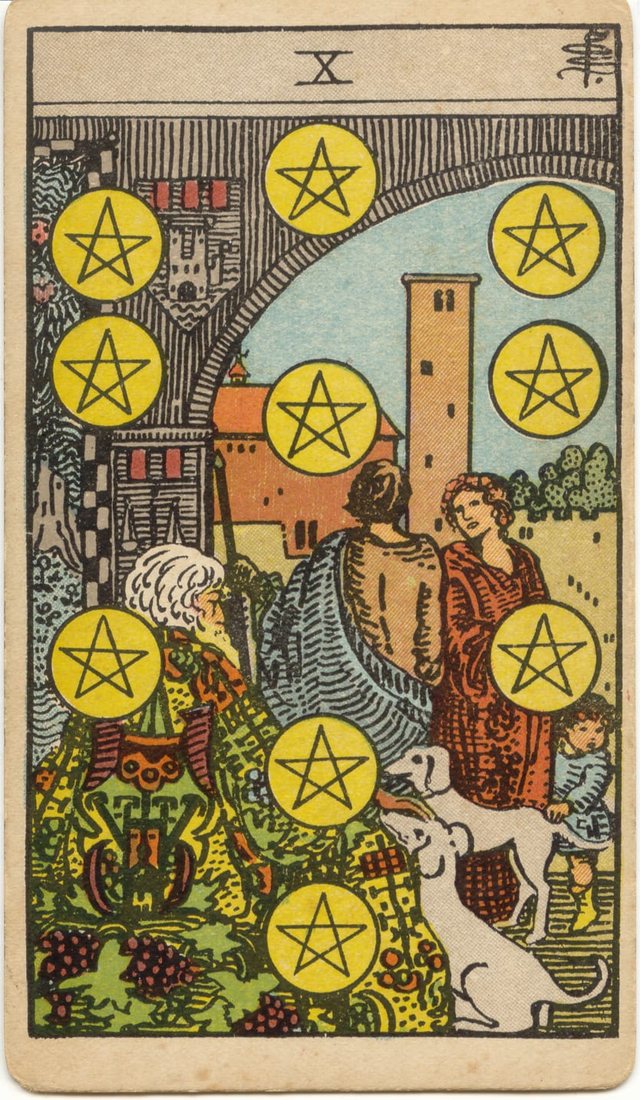 Ten of Pentacles: The old man, the two white dogs, the couple, the child. Rider–Waite–Smith tarot, 1909.