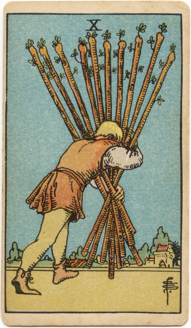 Ten of Wands: The bundle of ten wands, the bent figure, the blocked view, the house among the trees. Rider–Waite–Smith tarot, 1909.
