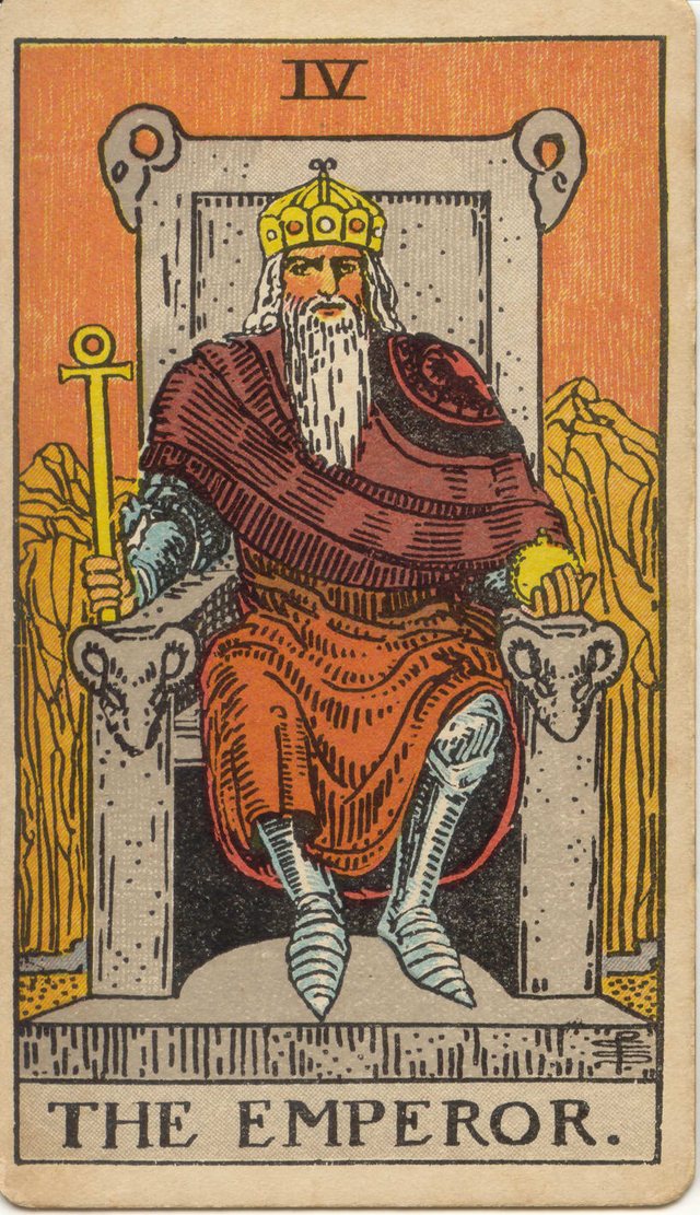 The Emperor: The stone throne, the rams' heads, the ankh sceptre, the golden orb. Rider–Waite–Smith tarot, 1909.