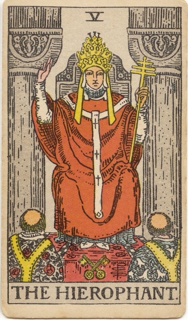 The Hierophant: The triple crown, the raised hand, the triple cross, the crossed keys. Rider–Waite–Smith tarot, 1909.
