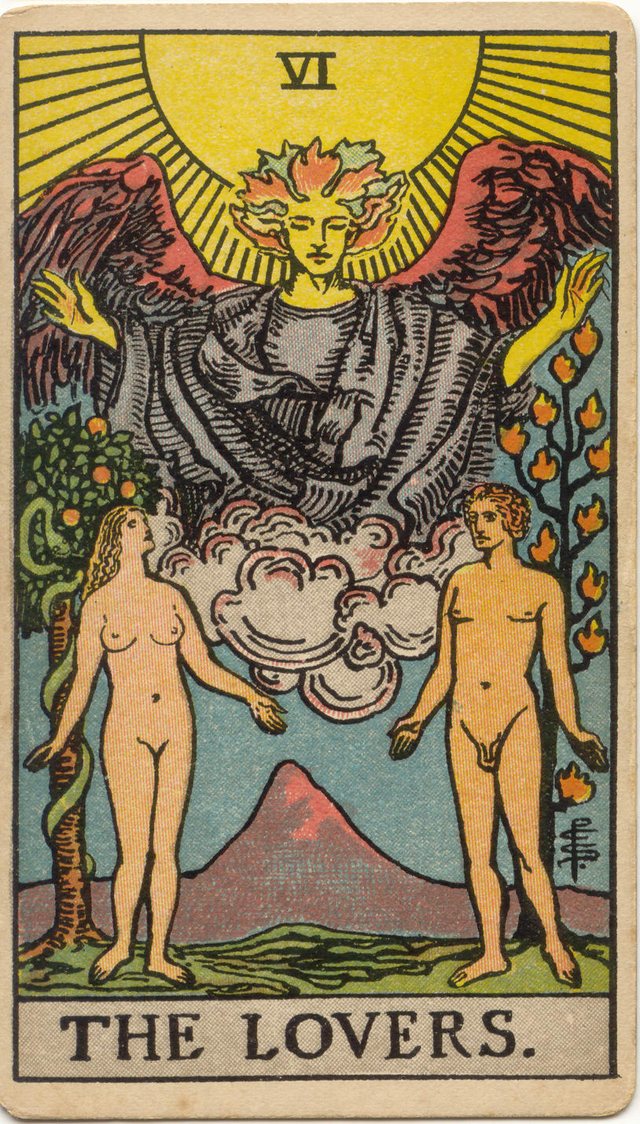 The Lovers: The angel, the sun, the two figures, the tree and the serpent. Rider–Waite–Smith tarot, 1909.