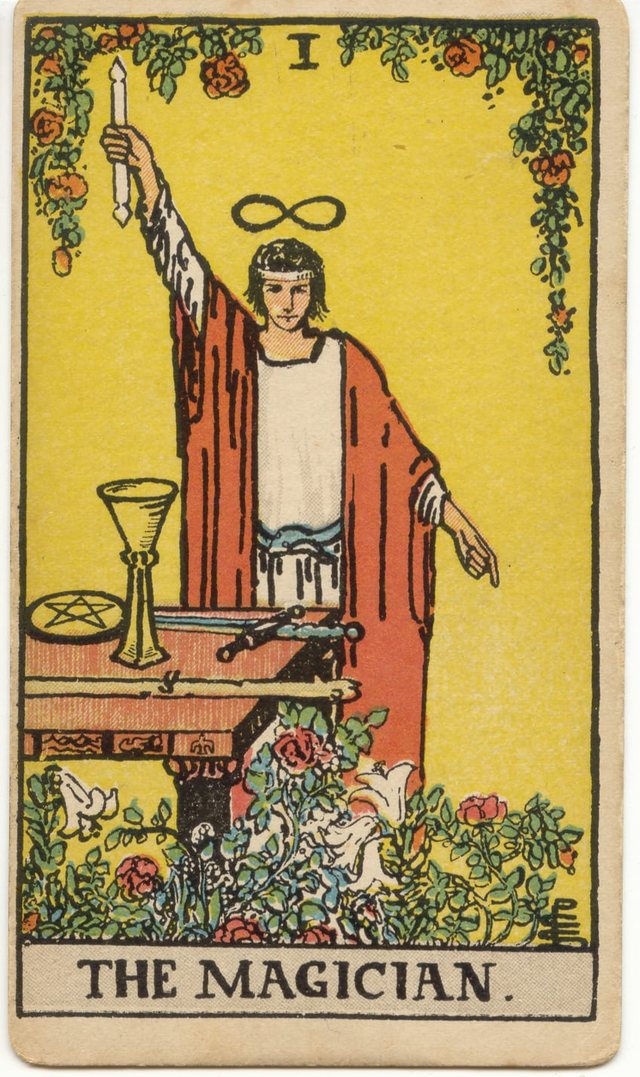 The Magician: The raised wand and pointing hand, the figure of eight, the four suit emblems, the red cloak and white tunic. Rider–Waite–Smith tarot, 1909.