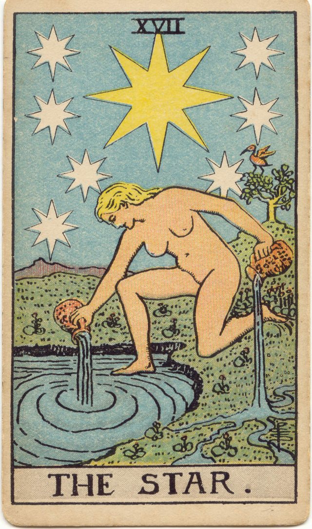 The Star: The great yellow star, the seven smaller stars, the kneeling woman, the two jugs. Rider–Waite–Smith tarot, 1909.