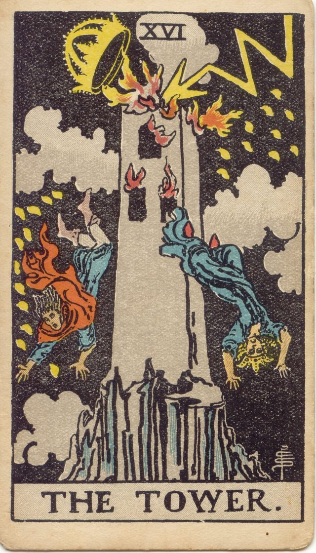 The Tower: The tower, the lightning bolt, the falling crown, the two falling figures. Rider–Waite–Smith tarot, 1909.