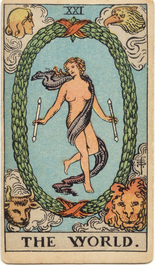 The World: The dancing figure, the violet scarf, the two wands, the oval wreath. Rider–Waite–Smith tarot, 1909.