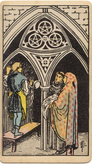 Three of Pentacles, Rider–Waite–Smith tarot, 1909