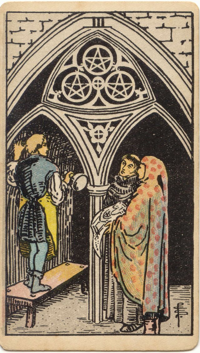 Three of Pentacles: The craftsman on the bench, the monk, the figure in the spotted cloak, the drawing. Rider–Waite–Smith tarot, 1909.