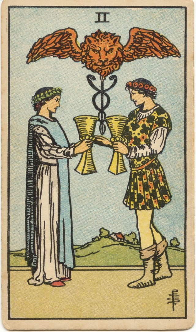 Two of Cups: The two cups, the caduceus, the winged lion's head, the woman's laurel wreath and mantle. Rider–Waite–Smith tarot, 1909.