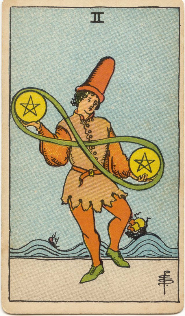Two of Pentacles: The figure-eight cord, the two pentacles, the tall hat, the dancing step. Rider–Waite–Smith tarot, 1909.